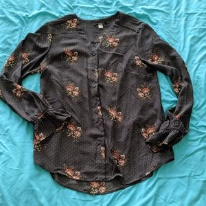 T Tahari Floral Dot Print,Button Front Long Ruffle Sleeve Blouse (small, petite)